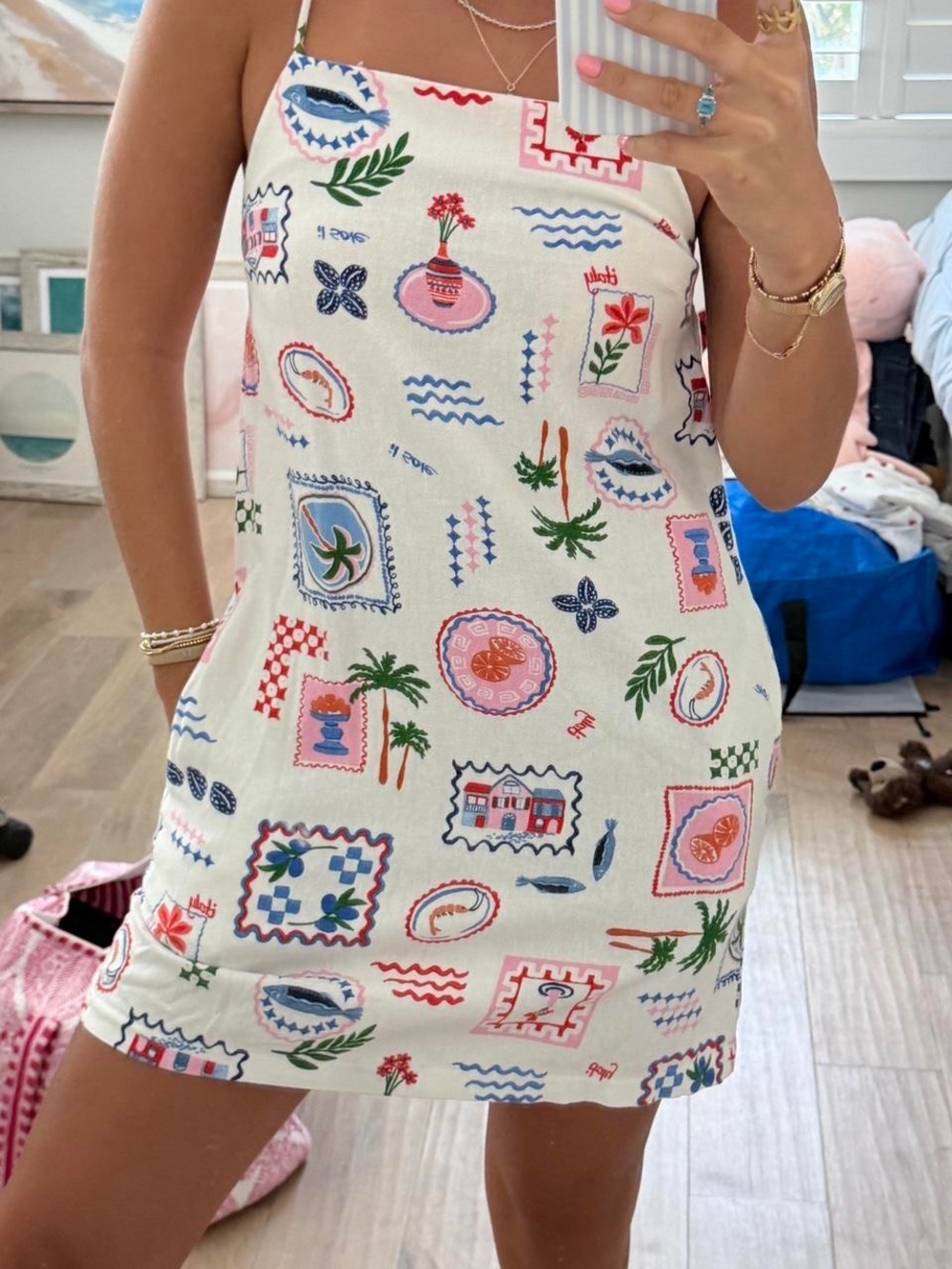 Monteau mini dress stamps doodles square neck sleeveless tropical print